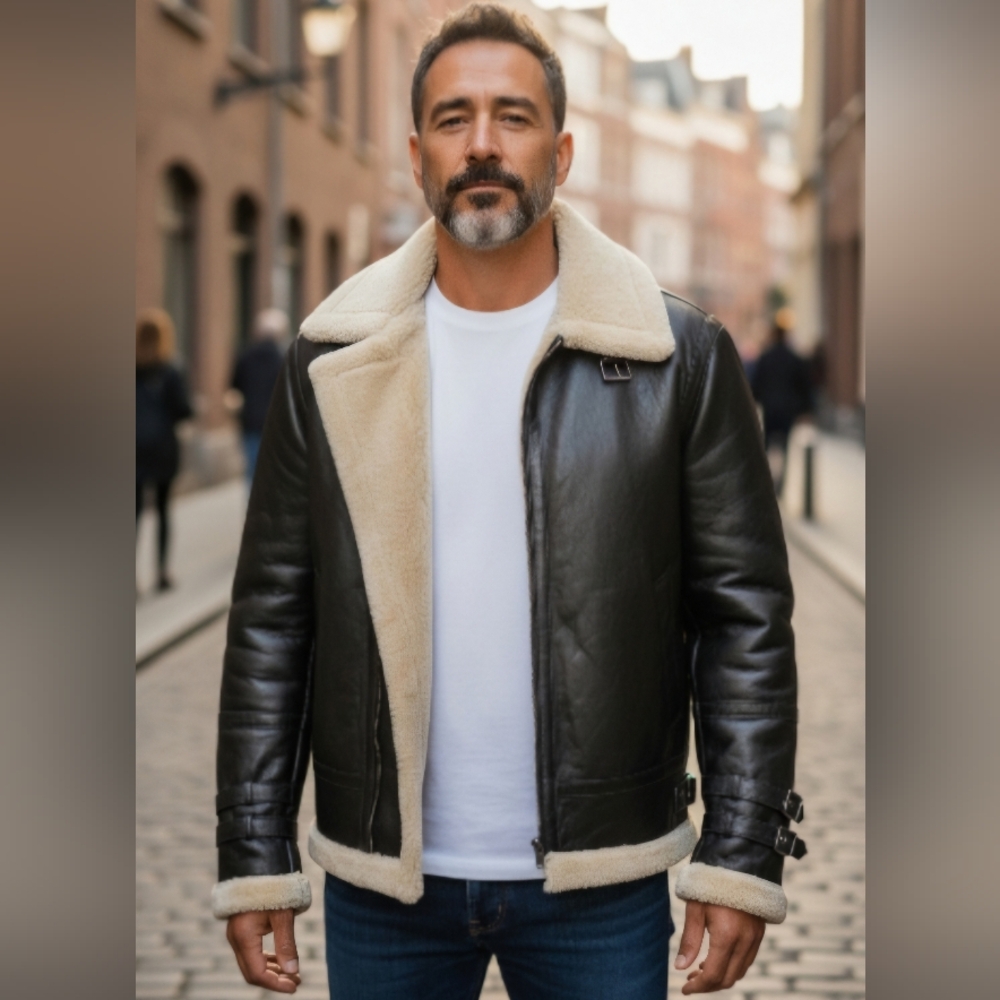 Sourock Men's Black Leather Bomber Jacket with Cream Fur Lining